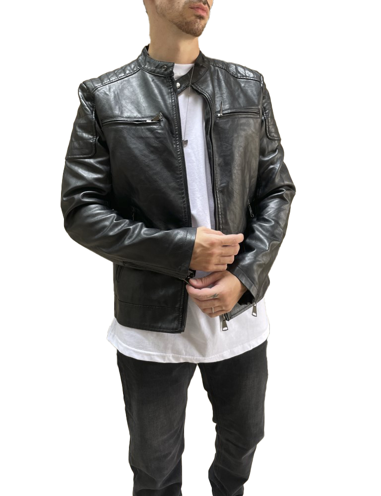 Ανδρικό μαύρο μπουφάν δερματίνη με ραφές στους ώμους 9813 φωτογραφία